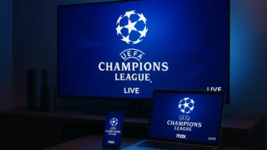 Dispositivos como TV, notebook e smartphone exibindo o logotipo da UEFA Champions League, simbolizando onde assistir à edição 2025/26 no Brasil em diferentes plataformas.