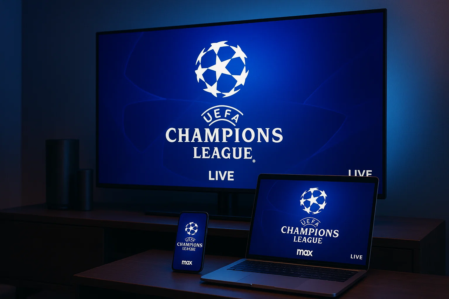Dispositivos como TV, notebook e smartphone exibindo o logotipo da UEFA Champions League, simbolizando onde assistir à edição 2025/26 no Brasil em diferentes plataformas.