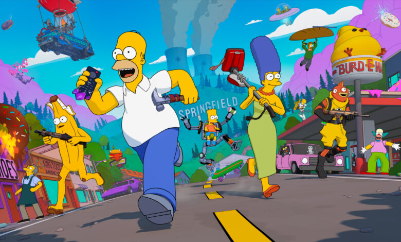 Imagem promocional do crossover de Fortnite com The Simpsons, mostrando Homer, Marge, Bart e personagens do jogo correndo por Springfield com itens e armas estilizadas.